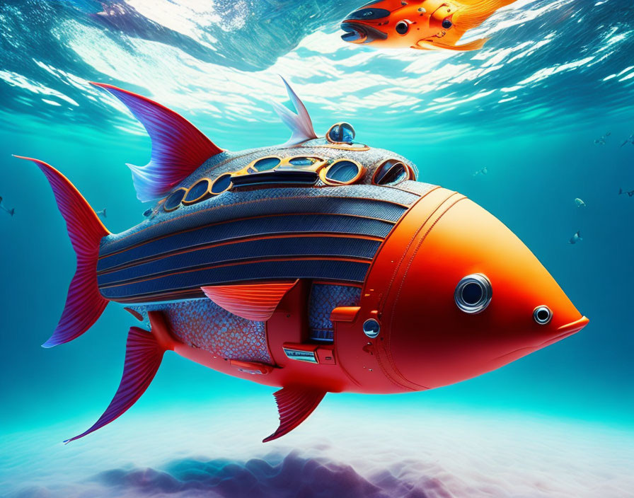 Colorful fish-shaped submarine exploring underwater seascape with smaller fish