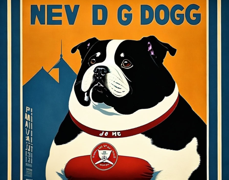 Stylized black and white bulldog poster with purple ear and red collar