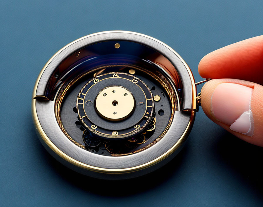 Detailed Close-Up of Open Mechanical Watch Movement on Blue Background