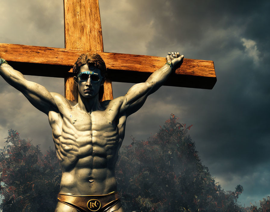 Muscular Figure Statue on Cross Under Dramatic Sky