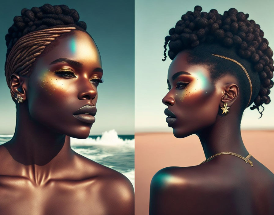 Split image of woman with Bantu knots makeup against serene background