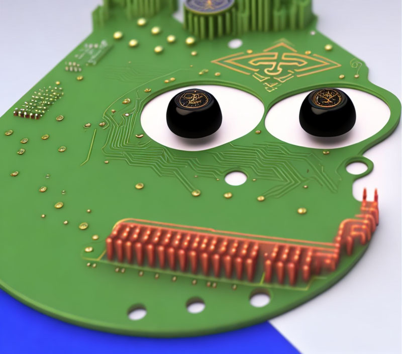 Green Circuit Board with Gold Connectors Resembling a Face