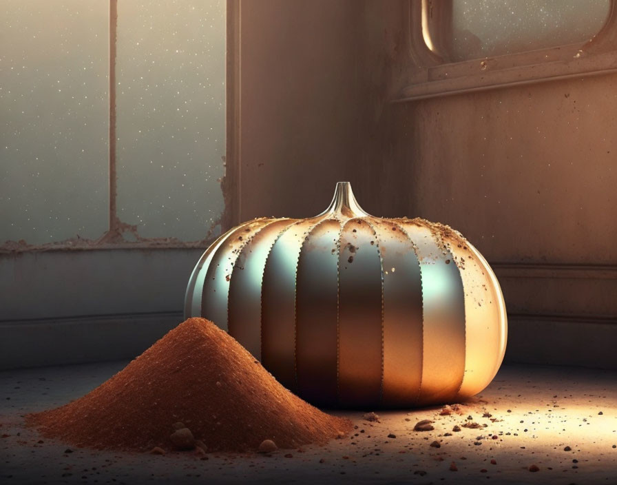 Shiny metallic pumpkin near spices in warm, autumnal setting