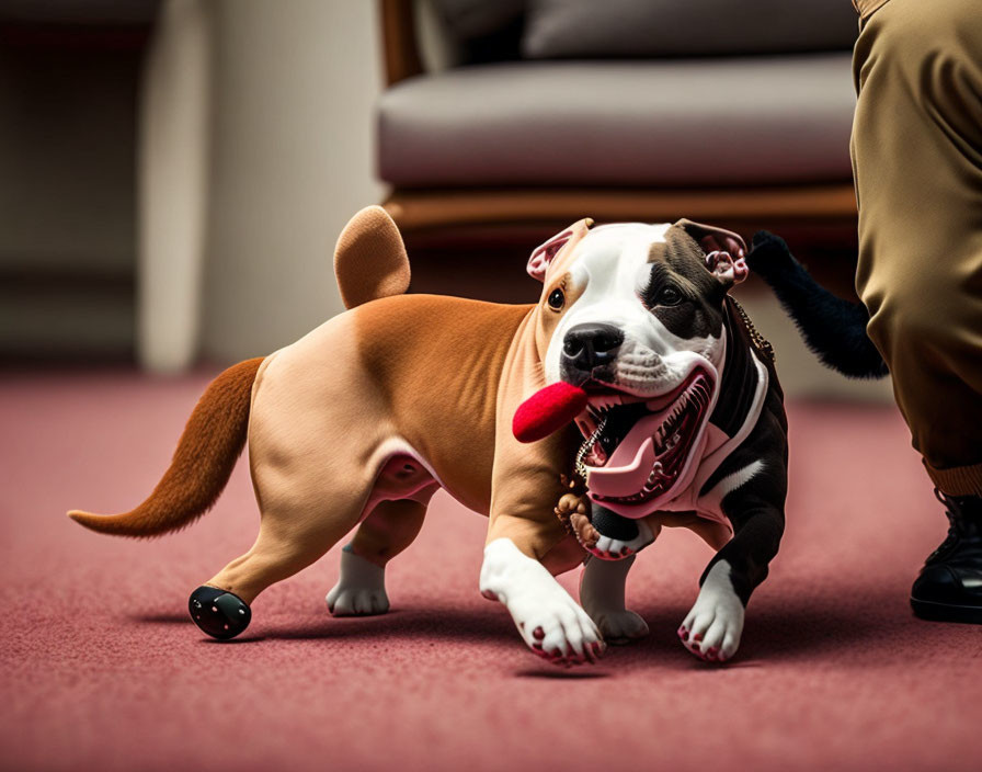 Adorable bulldog pup with pink bow playing fetch indoors