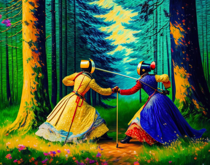 Two women in period dresses with fencing foils in vibrant forest clearing