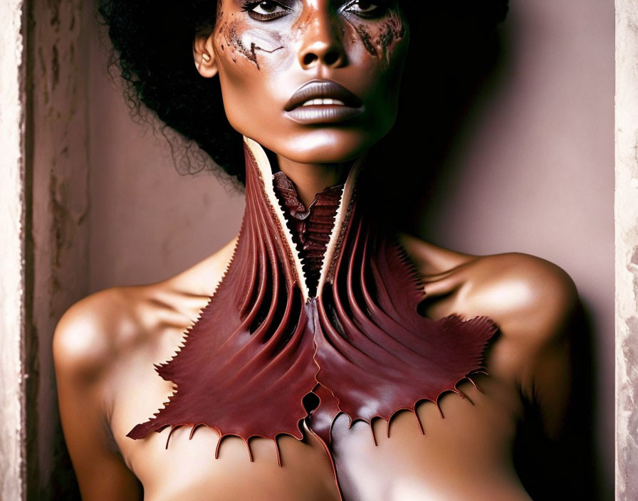 Bold Woman with Dramatic Makeup and Avant-Garde Neckpiece Poses Intensely