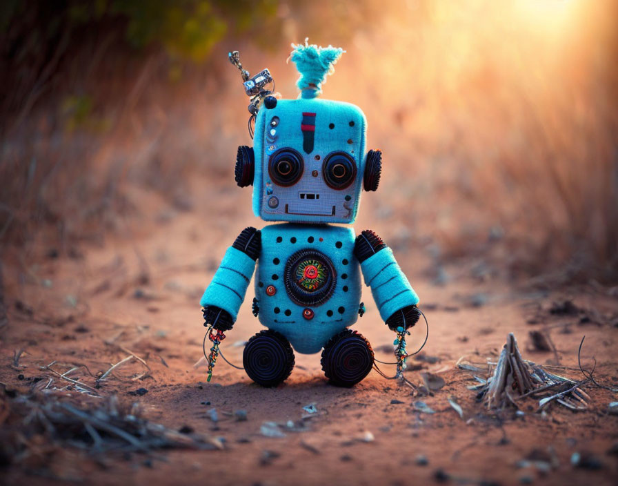 Homemade blue fabric toy robot on dirt ground at sunset