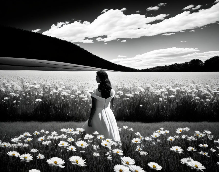 Woman in White Dress Surrounded by Daisies in Black and White Photo