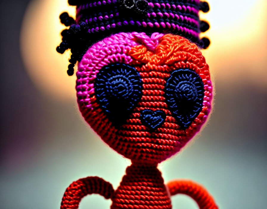 Colorful crocheted doll with heart-shaped details and circular halo effect.