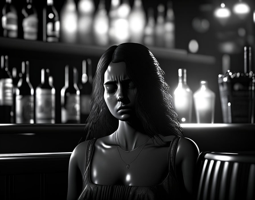 Monochrome image: somber young woman at bar