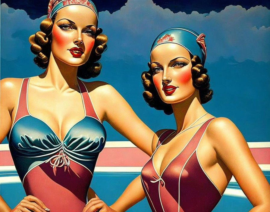 Vintage-style Swimsuit Illustration with Two Women & Blue Sky