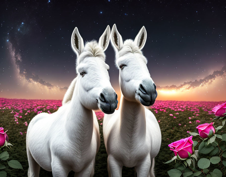 White donkeys in pink flower field under starry sky.