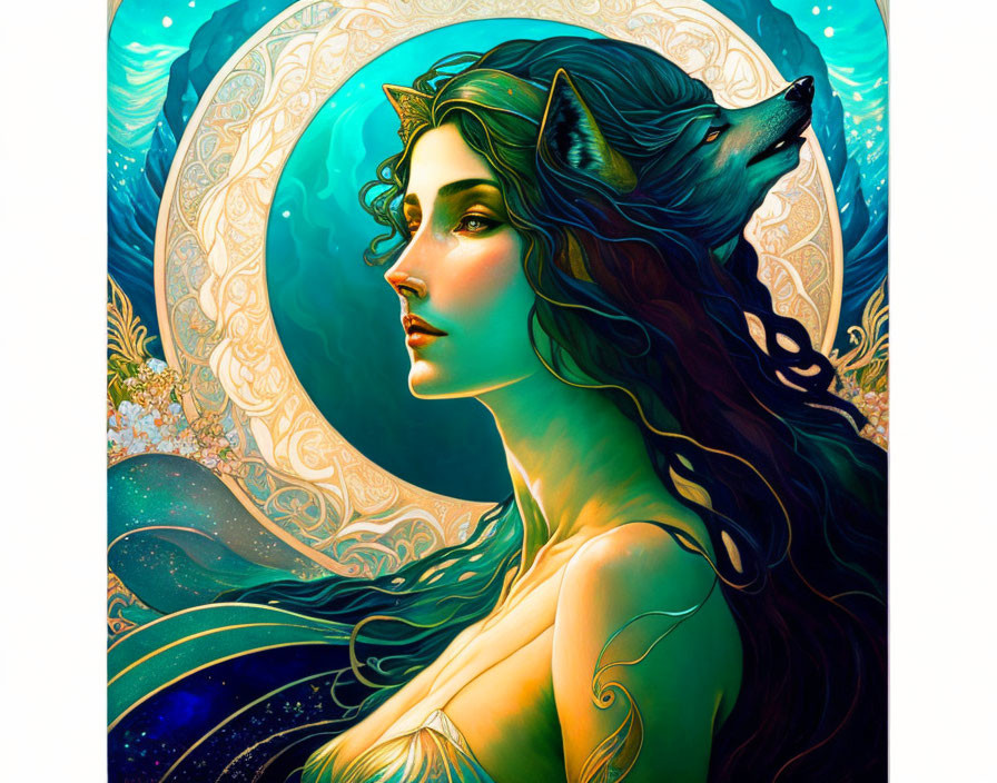 Woman with Wolf Features in Mythical Ornate Setting and Nature Motif