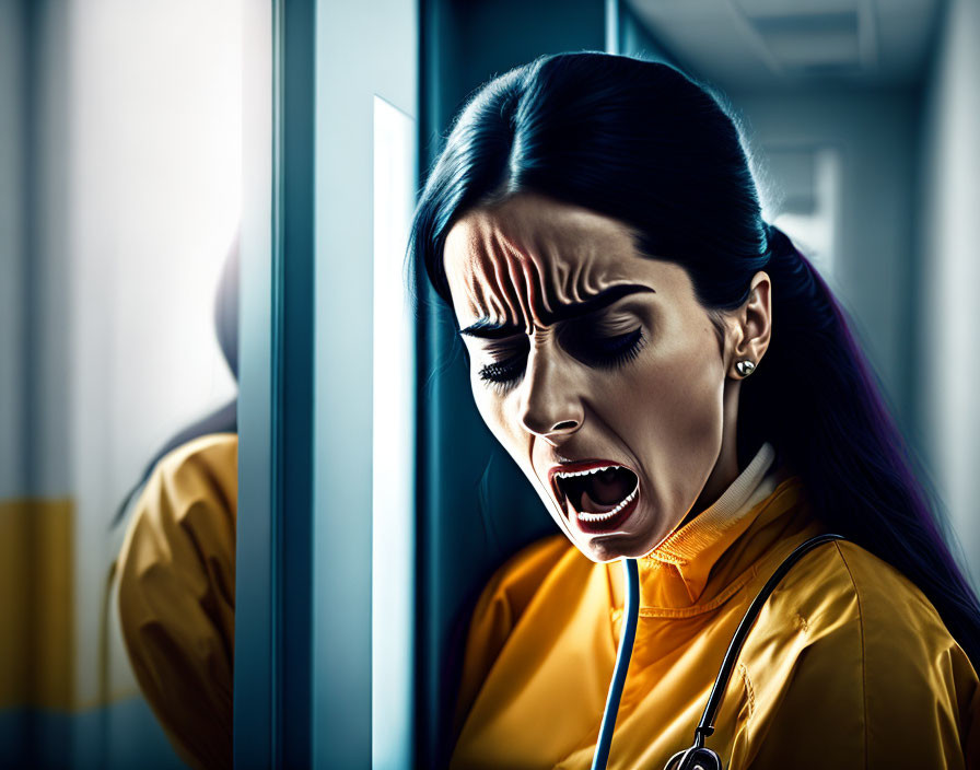 Shocked woman in yellow jacket looking through window