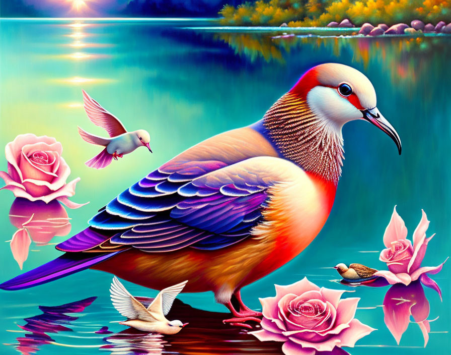 Colorful bird with long beak, flying birds, roses, and reflective lake in vibrant artwork