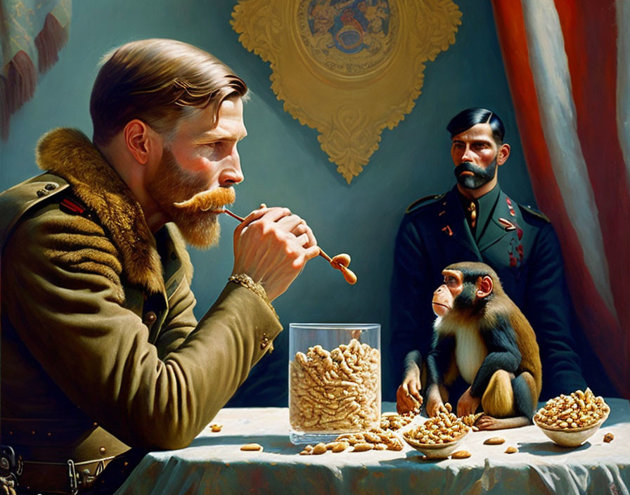 Regal setting with two uniformed men, monkey, and scattered peanuts.