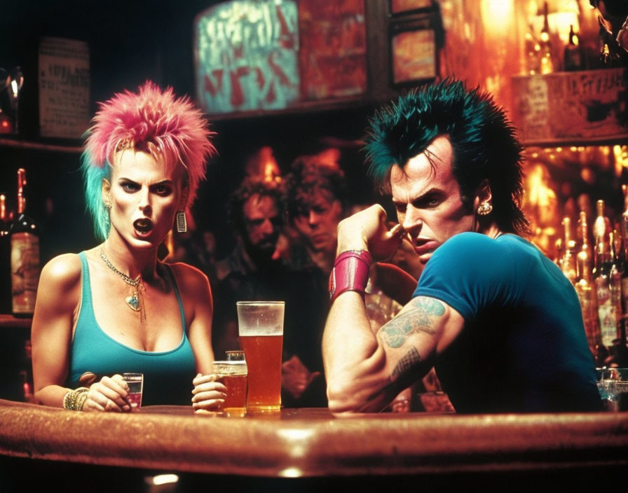 Two individuals with vibrant punk hairstyles at a bar with drinks and moody backdrop