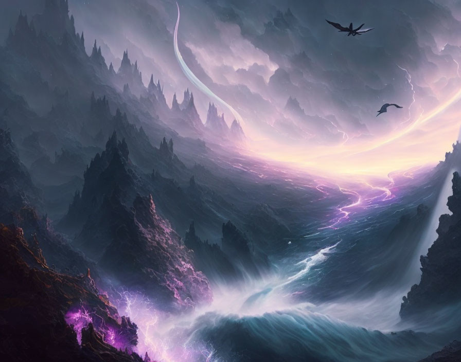 Fantastical landscape with dark mountains and swirling sky