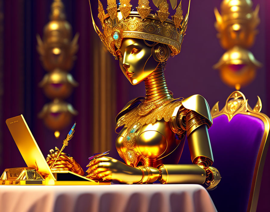 Golden robotic queen typing on laptop with ornate decor.