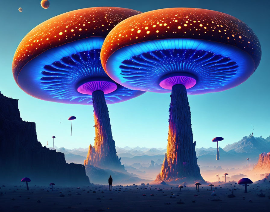 Enormous mushroom-like structures in surreal landscape.