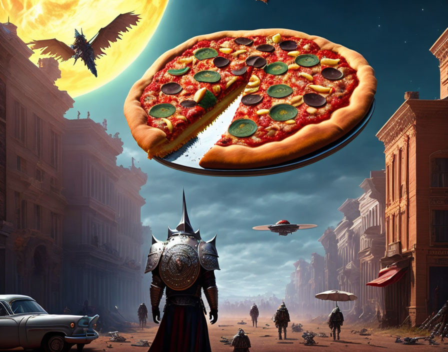 Surreal knight, floating pizza, dragons, UFOs, eclipsed sun in cityscape