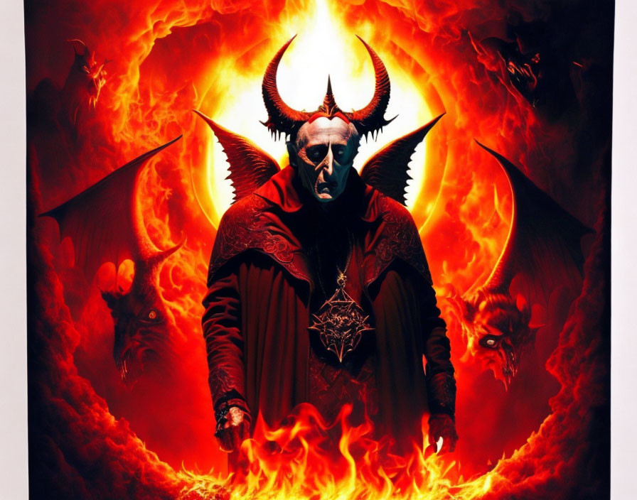 Sinister figure with horns and occult symbols in fiery setting.