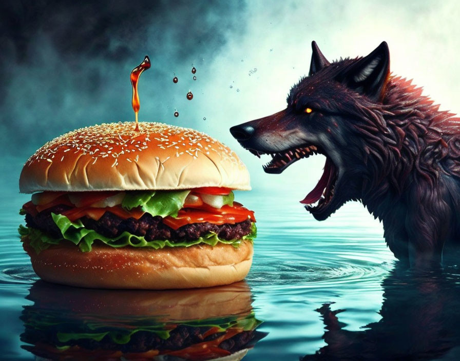 Wolf snarling at juicy burger with sauce in misty backdrop