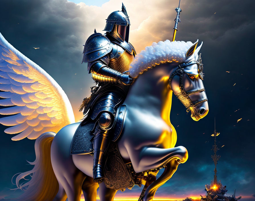 Armored knight riding majestic winged horse in dramatic sky.