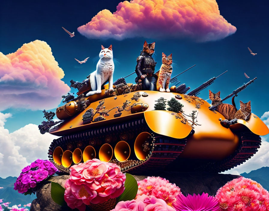 Warrior cats on tank surrounded by flowers under colorful sky