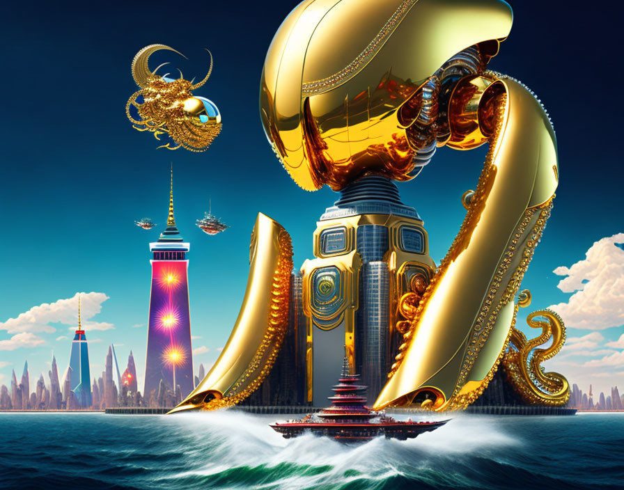 Golden robot octopus dominates stylized city skyline by the sea.