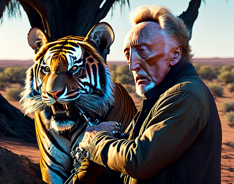 Elderly man shocked by tiger in desert scene