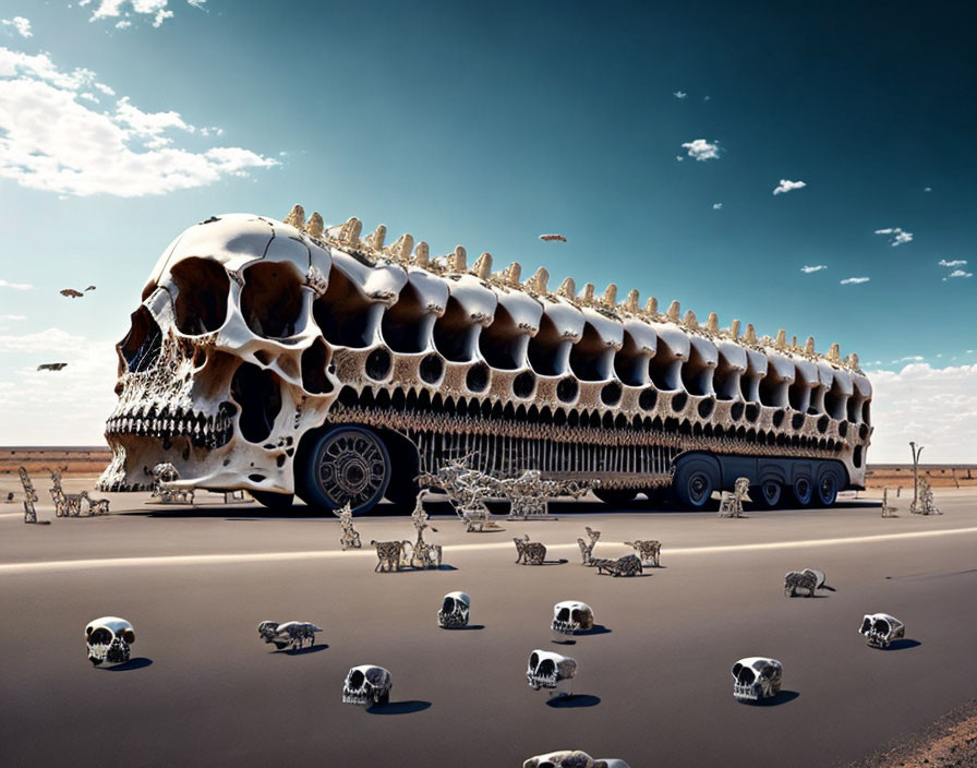 Surreal desert scene: bus shaped like elongated animal skull, scattered skulls, birds flying.