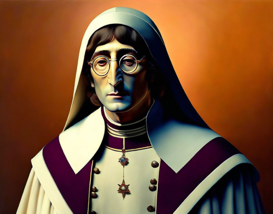 Artistic fusion of a nun's habit and male figure with round glasses