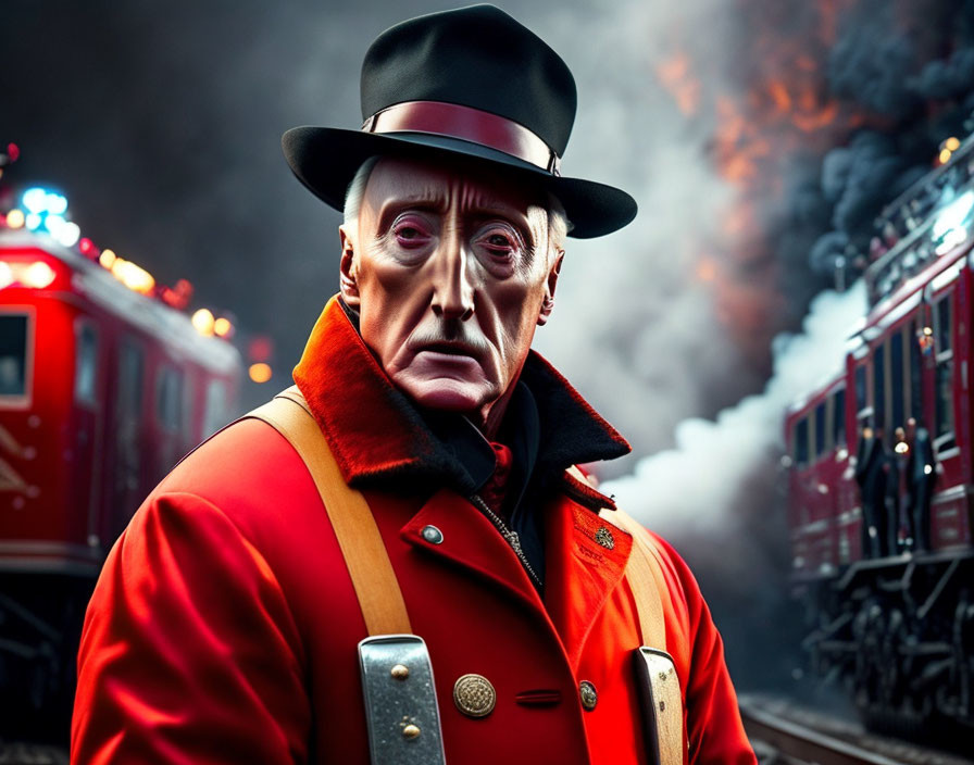 Serious man in red uniform by red train