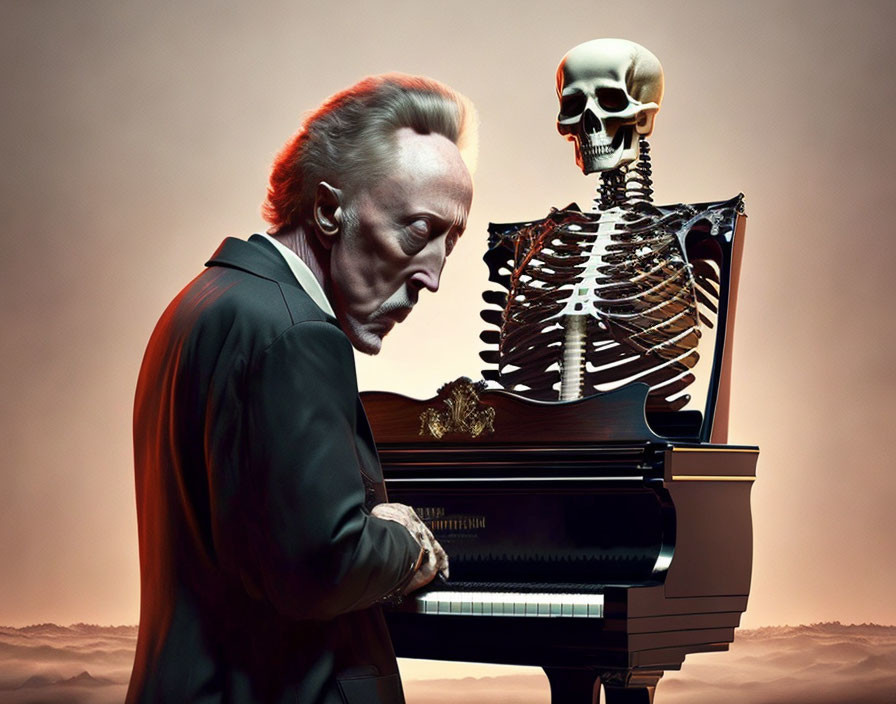 Skeleton and man play grand piano against orange backdrop