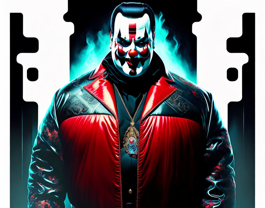 Menacing clown makeup on man in red & black jacket with gloomy castle silhouette.