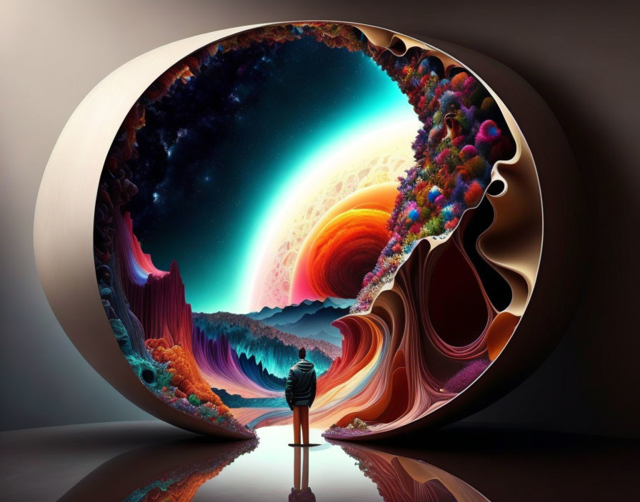 Person standing before surreal circular portal with vibrant cosmic landscape