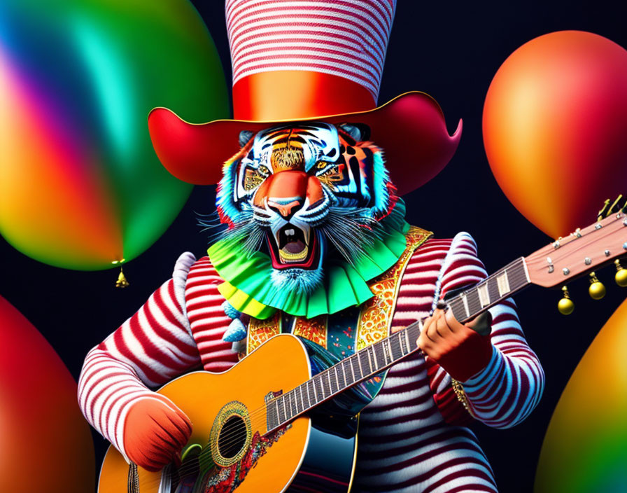 Colorful anthropomorphic tiger in cowboy hat playing guitar surrounded by balloons