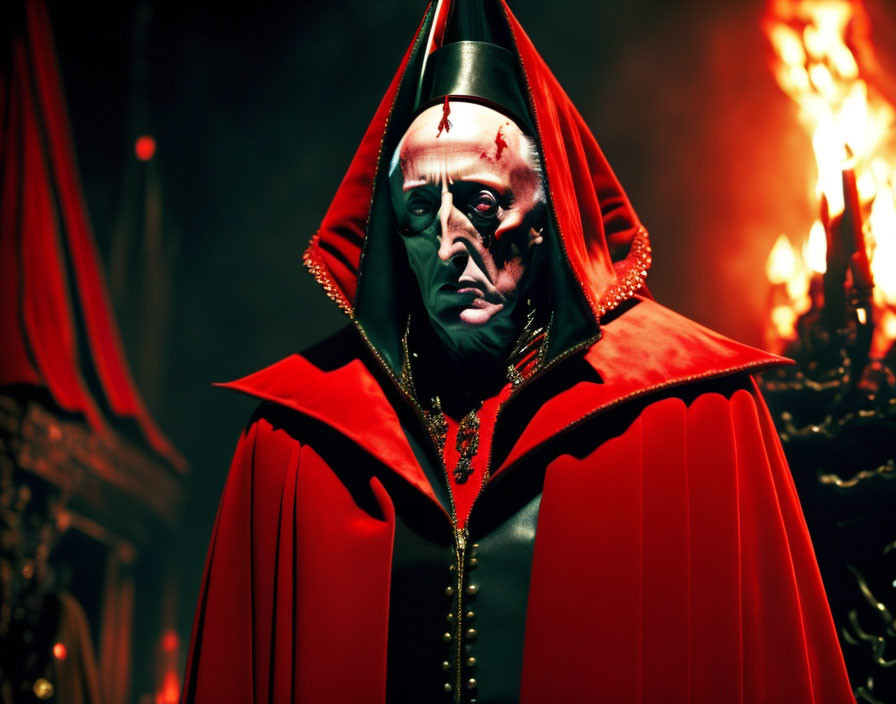 Person in Red Cloak with Sinister Look Against Fiery Background