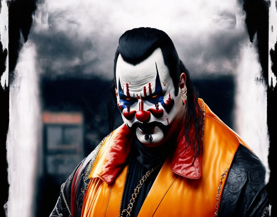 Dramatic black and white clown makeup, red nose, orange jacket, chain necklace, neck tattoos