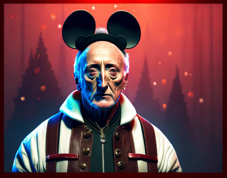 Elderly person in Mickey Mouse ears against red forest backdrop