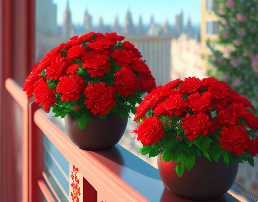 Balcony scene with vibrant red flowers and cityscape view