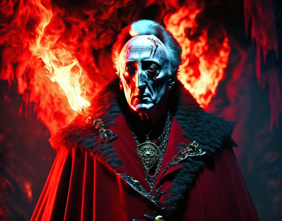 Elaborate Red and Black Costume with Skull-like Face Makeup