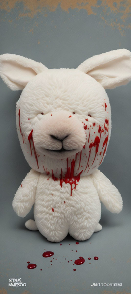 Plush Toy Lamb with Serene Expression Splattered in Red Liquid