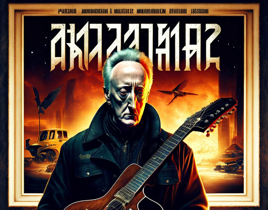 Stylized poster with skeletal face person holding guitar against fiery backdrop