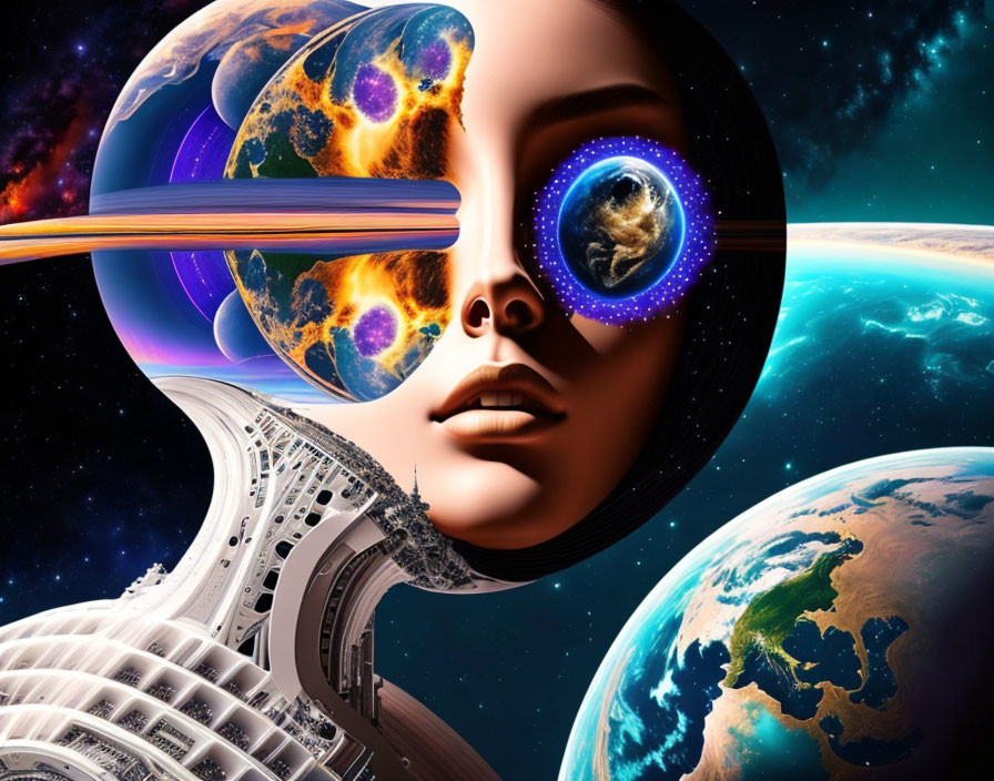 Female face blended with cosmic landscapes and futuristic structure in surreal digital art