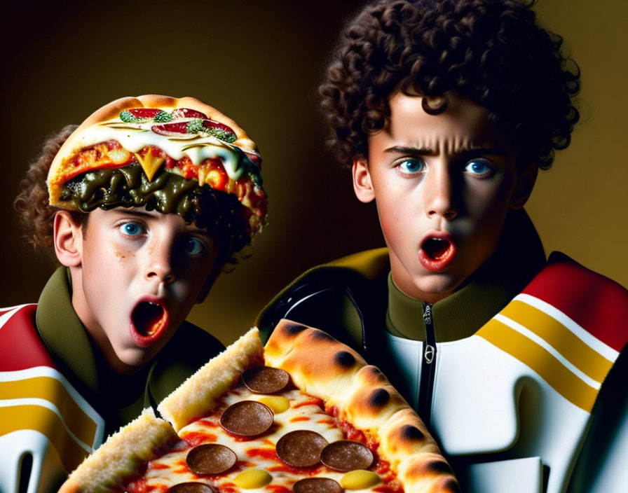 Surprised animated characters in pizza-themed attire with pizza slice, styled background