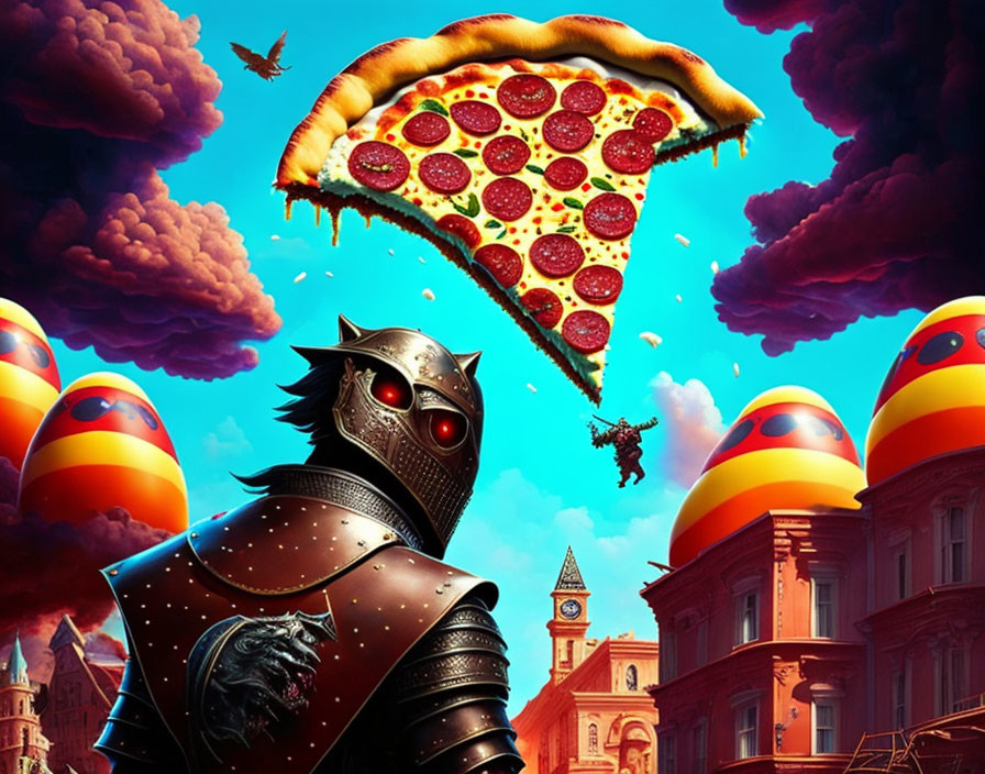 Knight in armor gazes at flying pizza slice in surreal sky