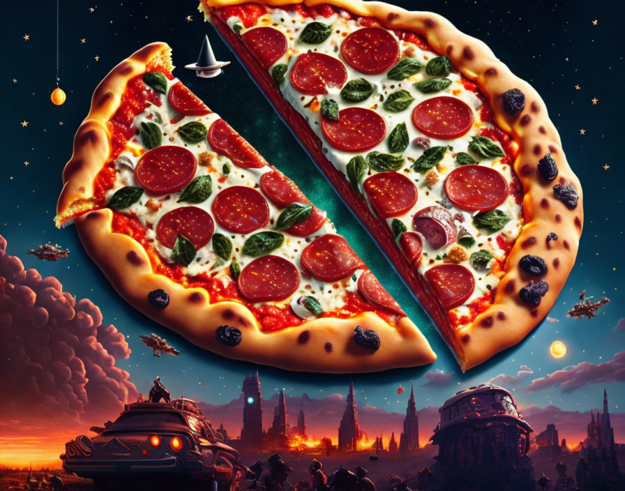 Surreal pepperoni pizza with cosmic and apocalyptic elements