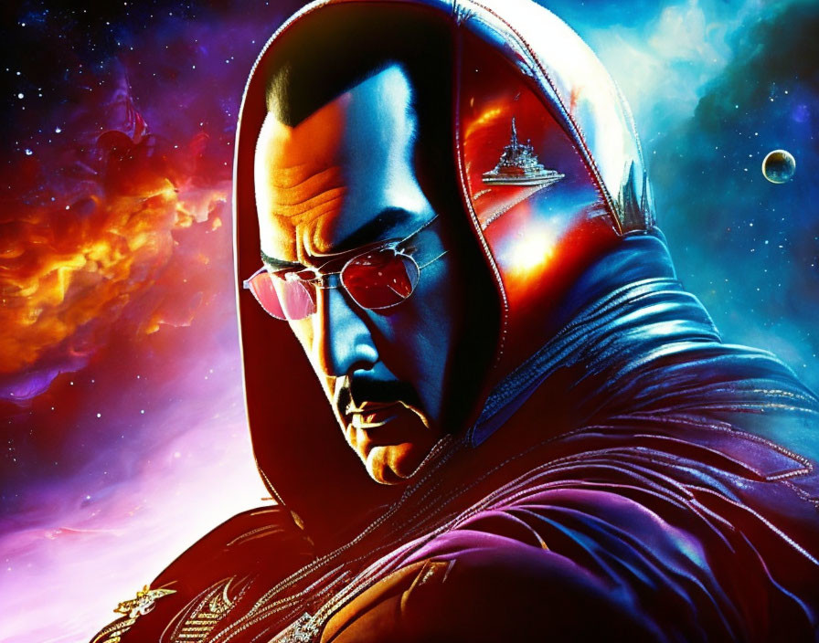 Character with Sunglasses in Hooded Outfit Against Cosmic Background